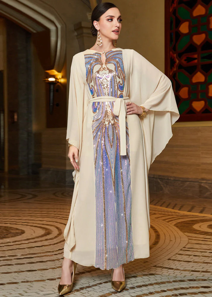Fitted Beige O-Neck Print Patchwork Tie Waist Chiffon Maxi Dress Fall - Image 3