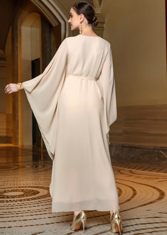 Fitted Beige O-Neck Print Patchwork Tie Waist Chiffon Maxi Dress Fall - Image 5