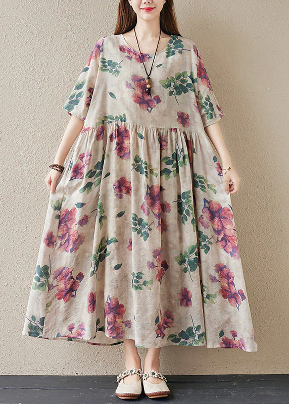 Fitted Beige Oversized Print Exra Large Hem Cotton Holiday Dress Summer - Image 2