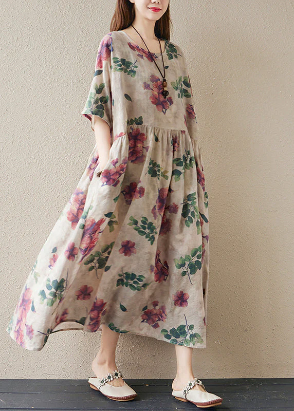 Fitted Beige Oversized Print Exra Large Hem Cotton Holiday Dress Summer - Image 3