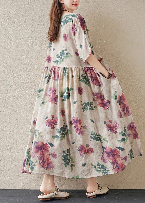 Fitted Beige Oversized Print Exra Large Hem Cotton Holiday Dress Summer - Image 4