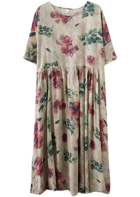 Fitted Beige Oversized Print Exra Large Hem Cotton Holiday Dress Summer - Image 5