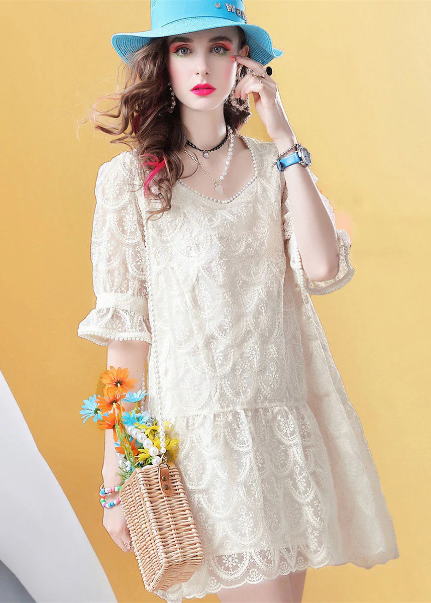 Fitted Beige Square Collar Nail bead Patchwork Lace Mid Dress Petal Sleeve - Image 2