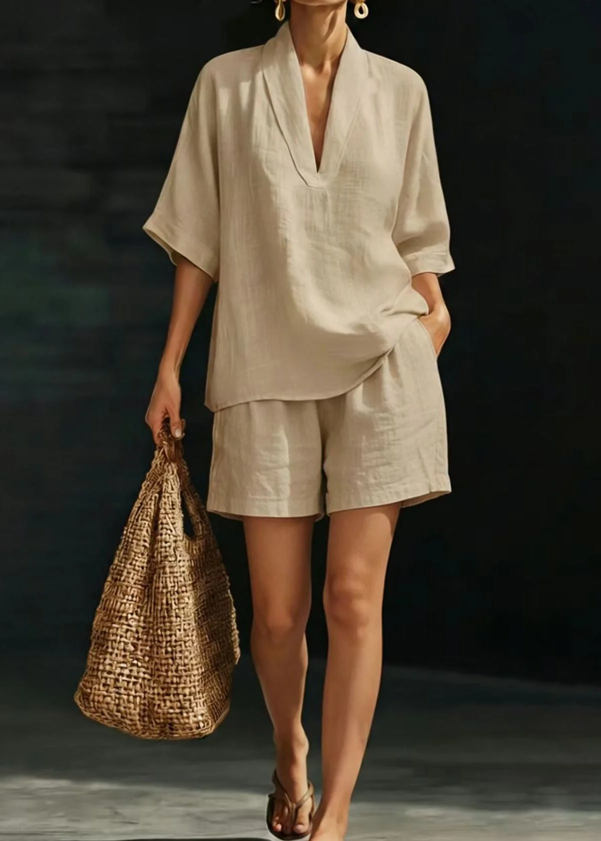 Fitted Beige V Neck Oversized Linen Two Piece Set Summer - Image 4