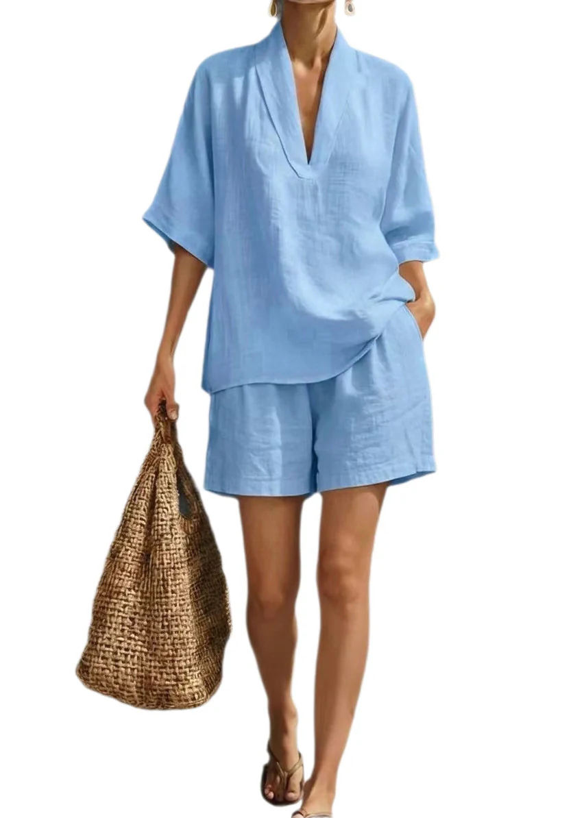 Fitted Beige V Neck Oversized Linen Two Piece Set Summer - Image 5
