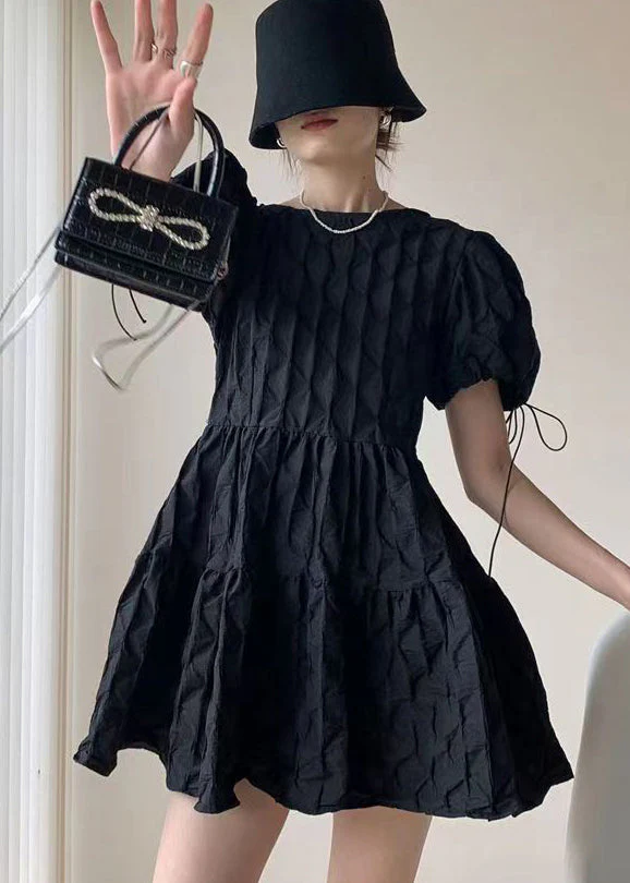 Fitted Black Backless Patchwork Cotton Mid Dress Puff Sleeve - Image 2