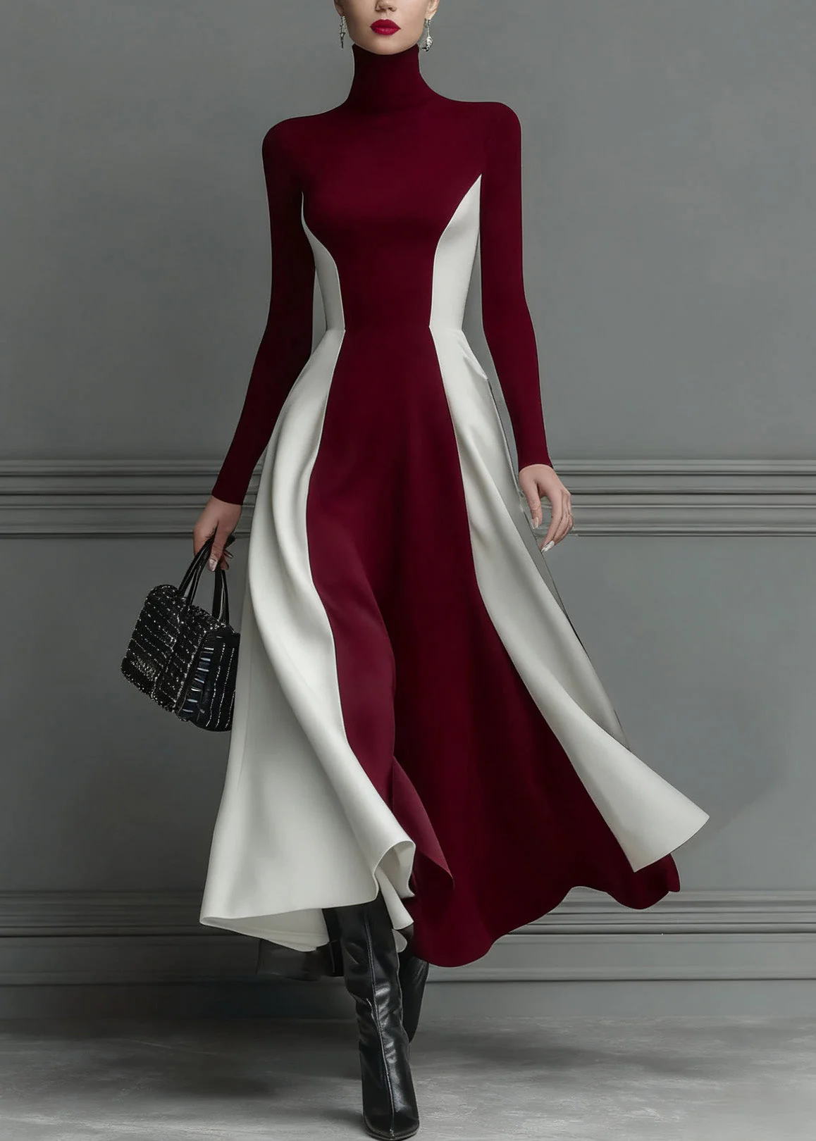 Fitted Black Hign Neck Patchwork Cotton Long Dress Spring - Image 2