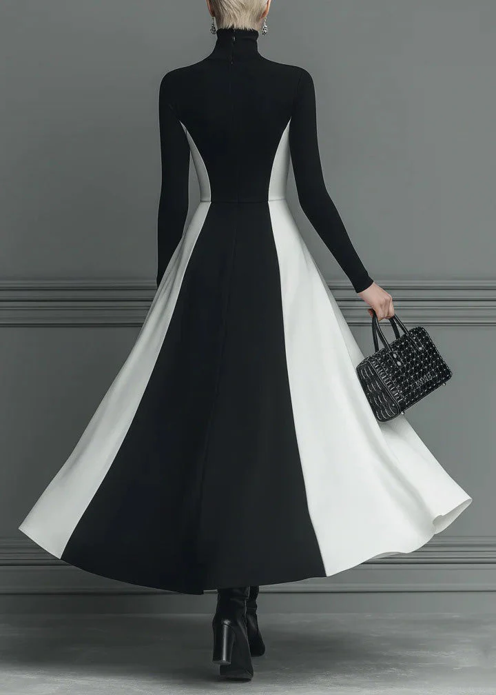Fitted Black Hign Neck Patchwork Cotton Long Dress Spring - Image 3
