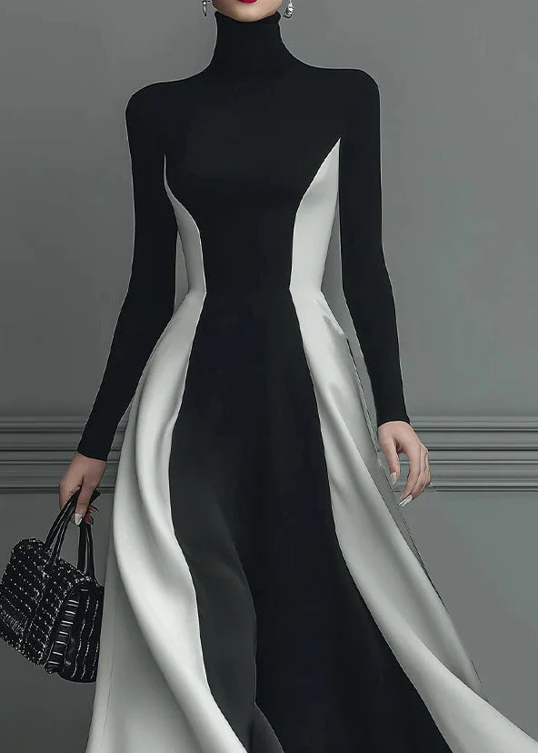 Fitted Black Hign Neck Patchwork Cotton Long Dress Spring - Image 4