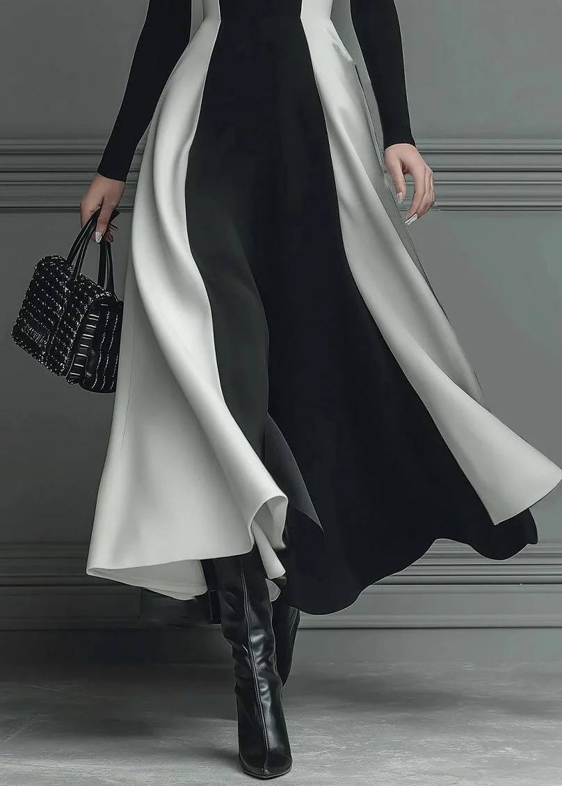 Fitted Black Hign Neck Patchwork Cotton Long Dress Spring - Image 5