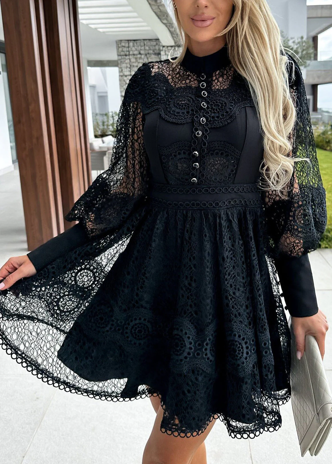 Fitted Black Hollow Out Lace Tea Dress Summer