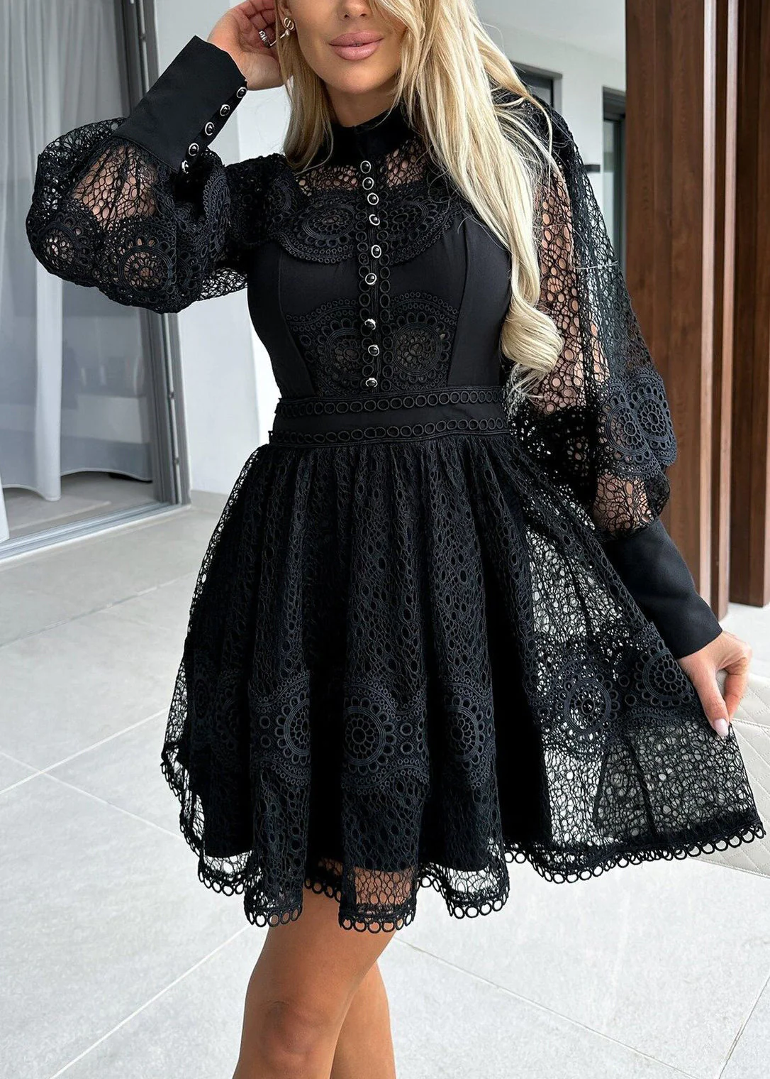 Fitted Black Hollow Out Lace Tea Dress Summer - Image 3