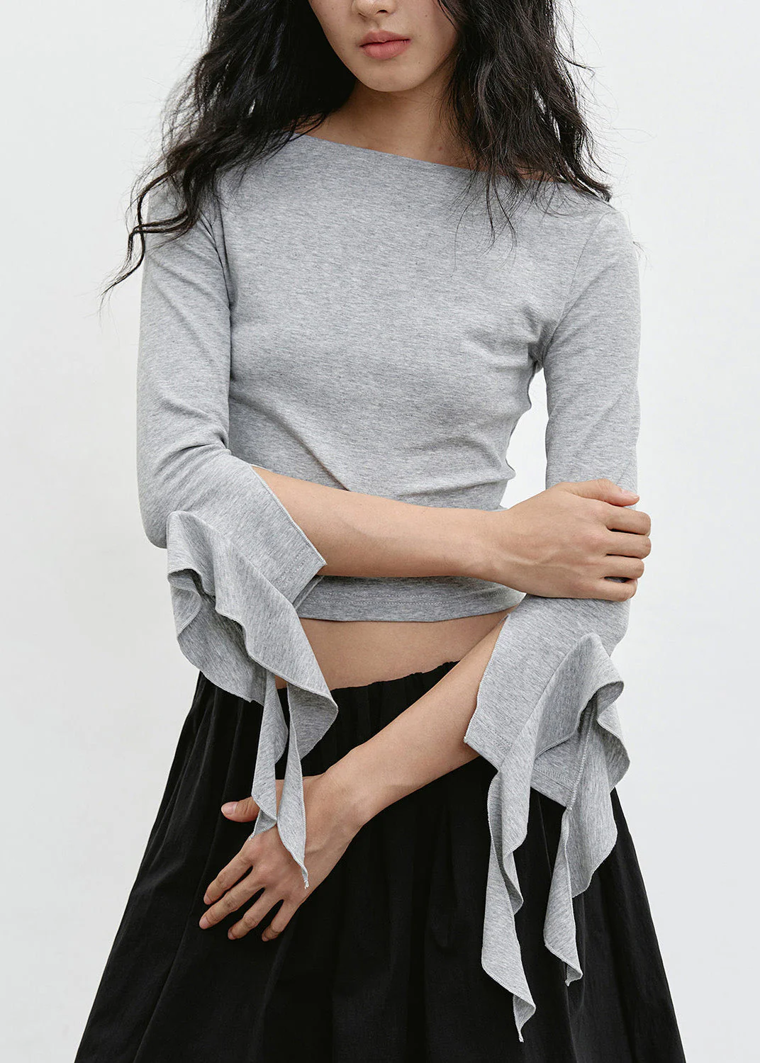 Fitted Black O Neck Ruffled Cotton Tops Bracelet Sleeve - Image 4