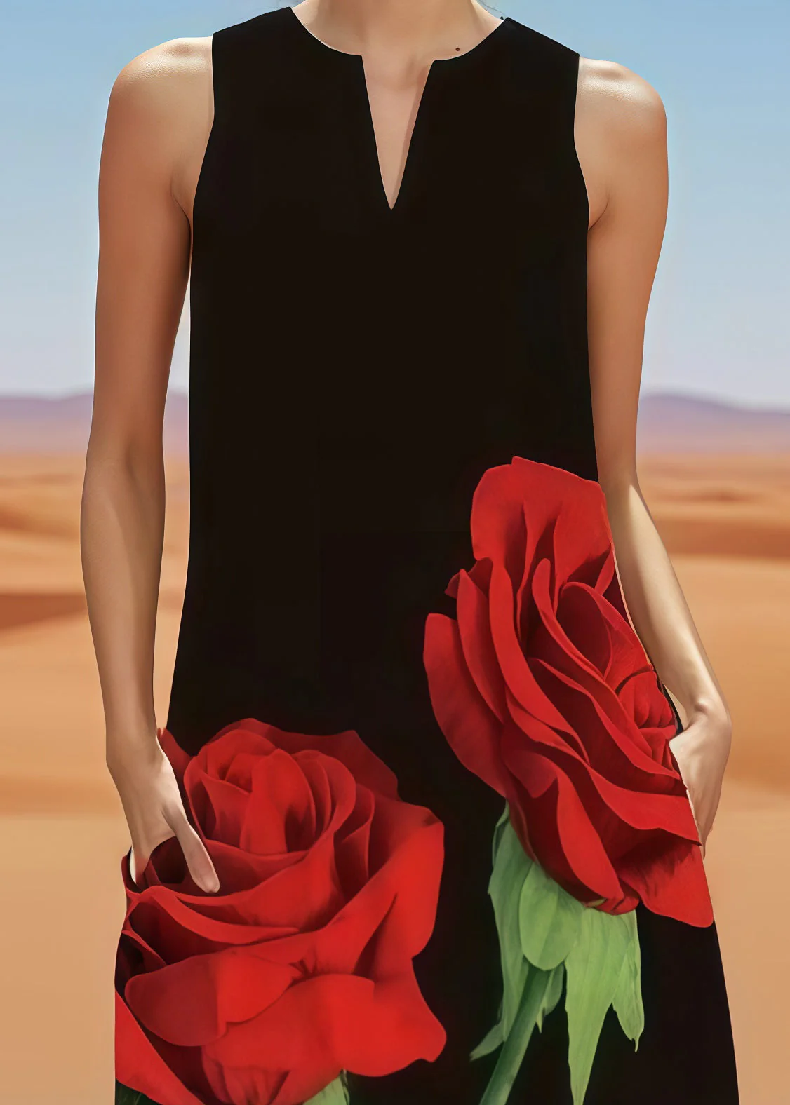 Fitted Black Oversized Floral Cotton A Line Dress Sleeveless - Image 3
