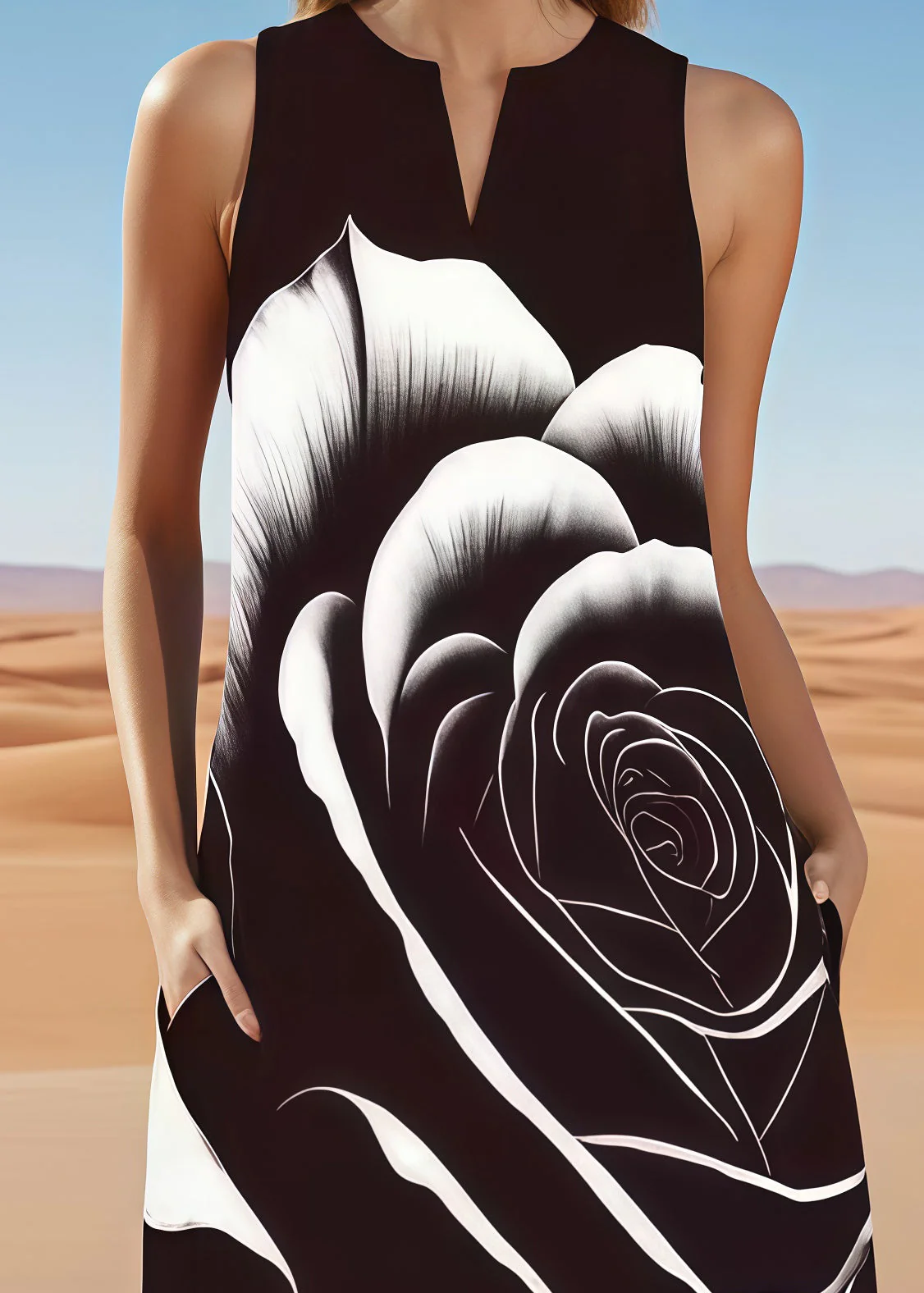 Fitted Black Oversized Floral Cotton A Line Dress Sleeveless - Image 4
