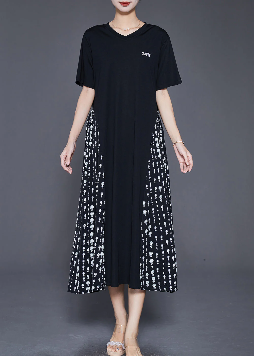 Fitted Black Oversized Patchwork Print Vacation Dresses Summer - Image 2