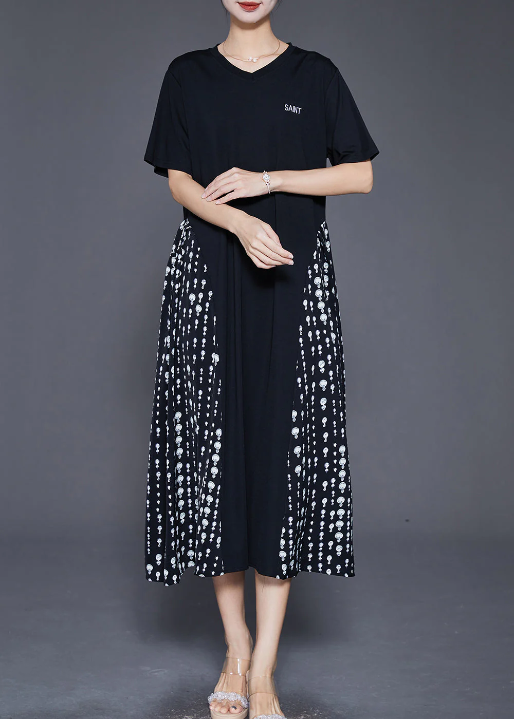 Fitted Black Oversized Patchwork Print Vacation Dresses Summer - Image 3
