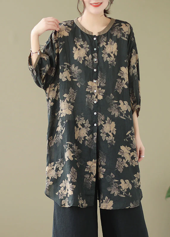 Fitted Black Oversized Print Linen Shirt Dress Lantern Sleeve - Image 3