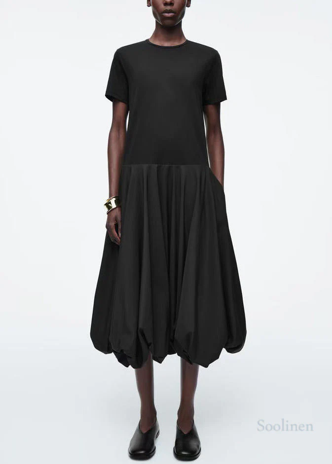 Fitted Black Patchwork Cotton Lantern Dresses Summer
