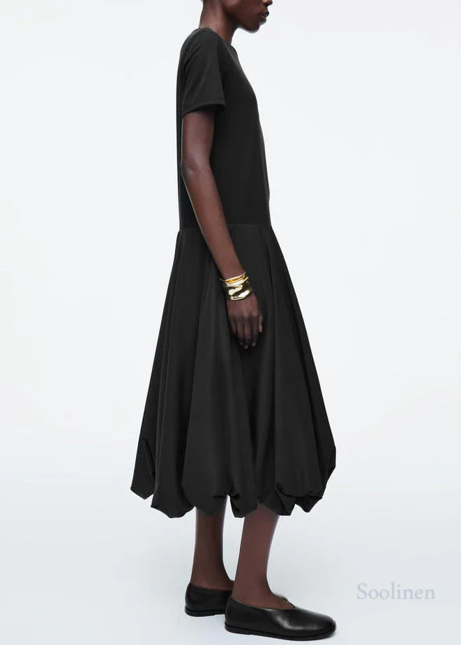 Fitted Black Patchwork Cotton Lantern Dresses Summer - Image 2