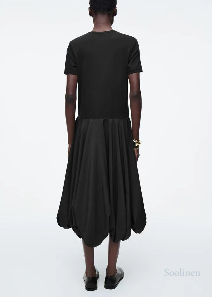 Fitted Black Patchwork Cotton Lantern Dresses Summer - Image 3
