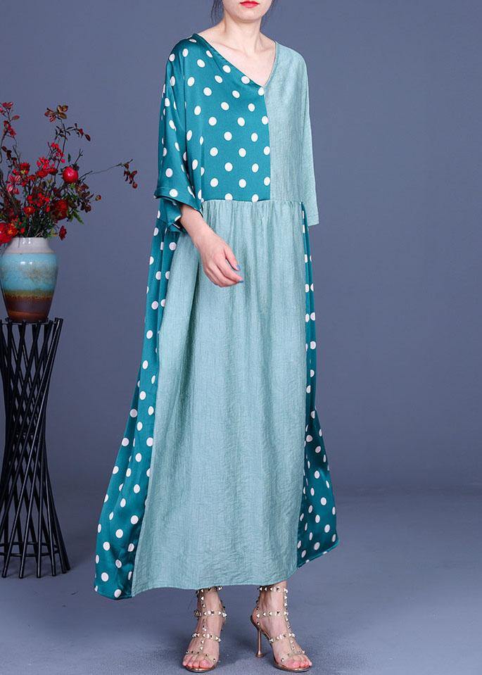 Fitted Black Patchwork Dot V Neck Silk Ankle Dress Summer - Image 2