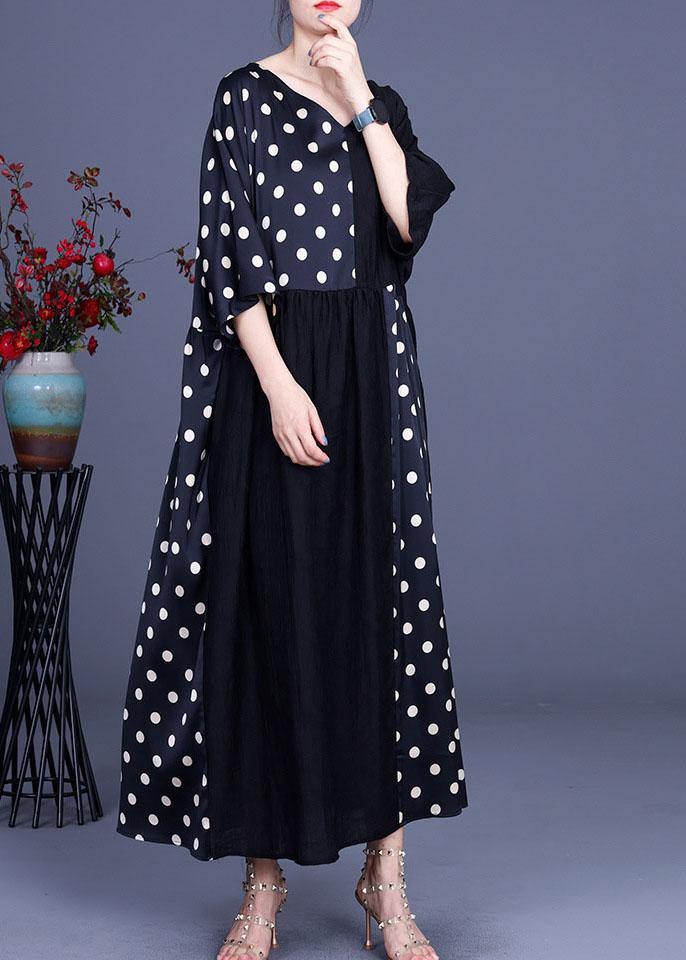 Fitted Black Patchwork Dot V Neck Silk Ankle Dress Summer - Image 3