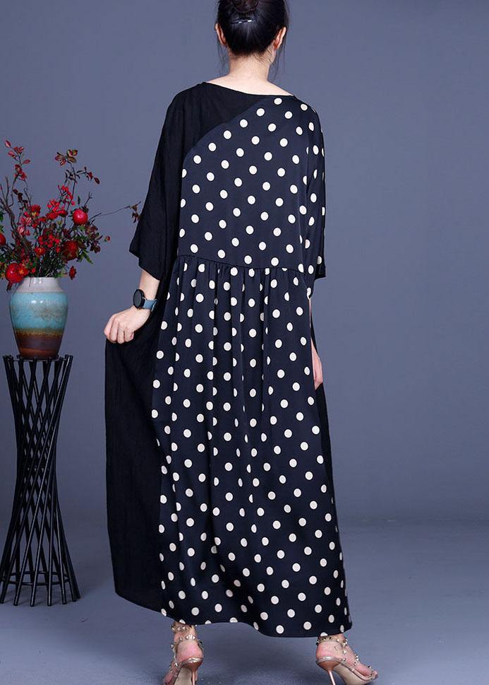 Fitted Black Patchwork Dot V Neck Silk Ankle Dress Summer - Image 4