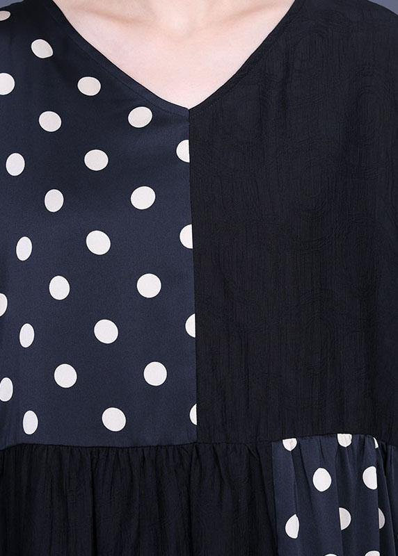Fitted Black Patchwork Dot V Neck Silk Ankle Dress Summer - Image 5