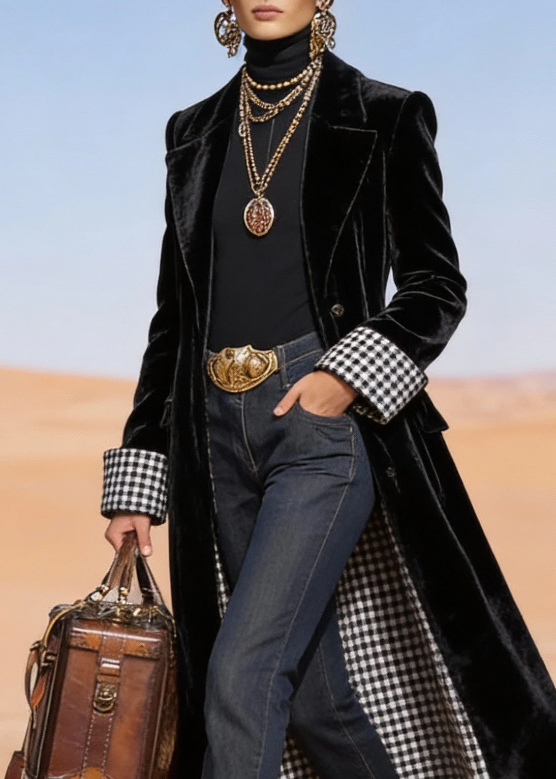 Fitted Black Peter Pan Collar Pockets Velvet Long Coat Spring - Image 2