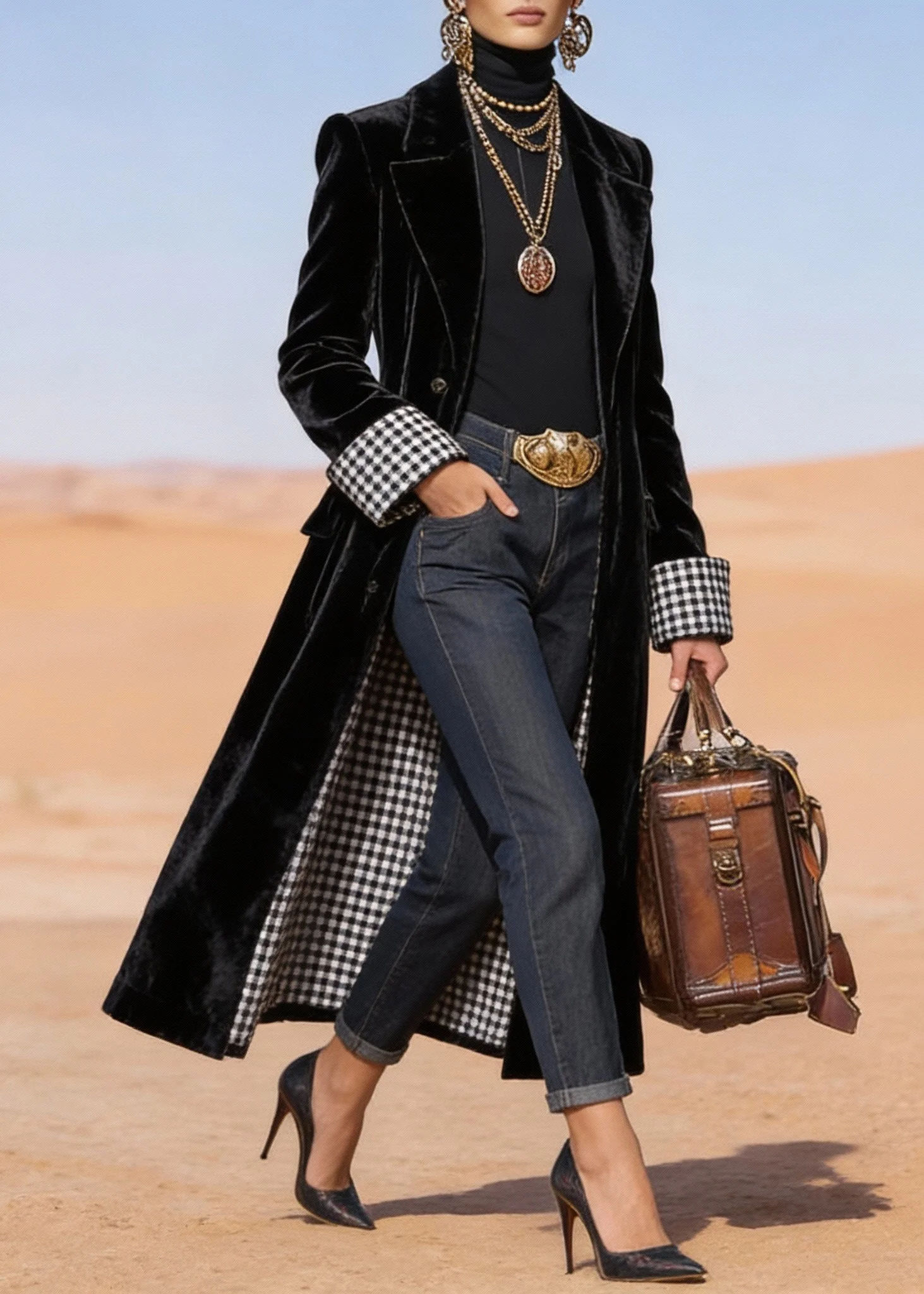 Fitted Black Peter Pan Collar Pockets Velvet Long Coat Spring - Image 3