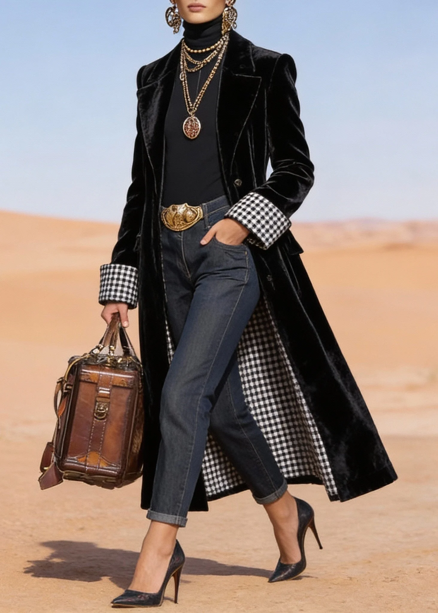 Fitted Black Peter Pan Collar Pockets Velvet Long Coat Spring - Image 5