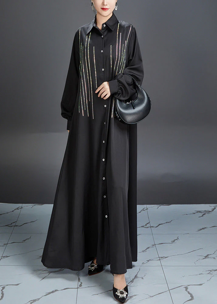 Fitted Black Peter Pan Collar Striped Maxi Dresses Lantern Sleeve
