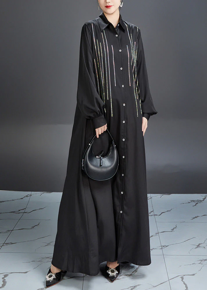Fitted Black Peter Pan Collar Striped Maxi Dresses Lantern Sleeve - Image 3
