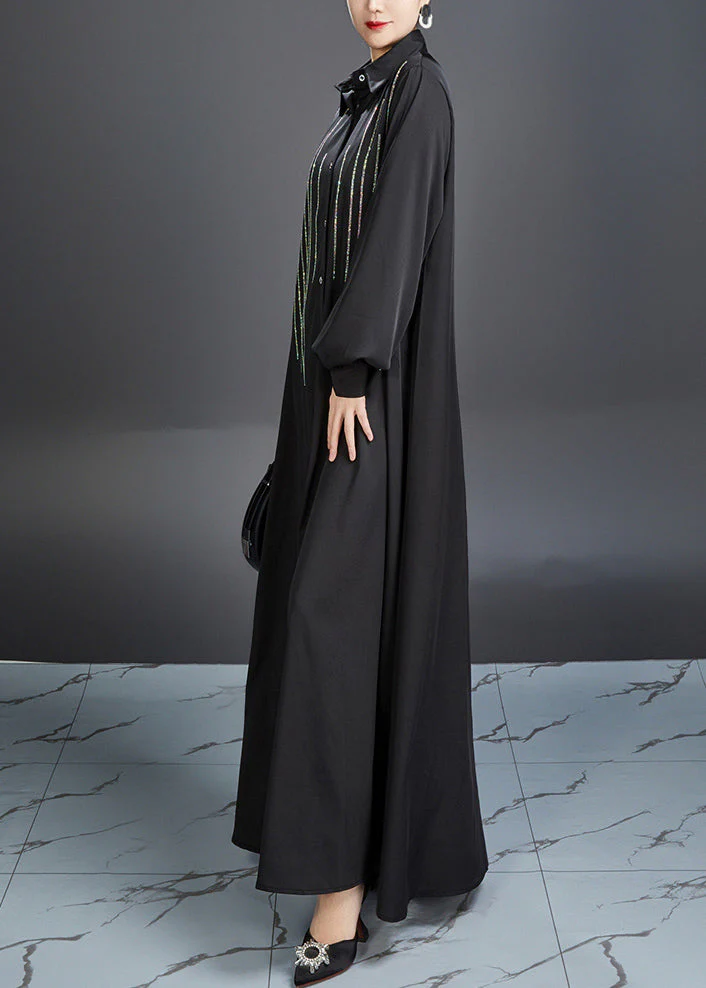 Fitted Black Peter Pan Collar Striped Maxi Dresses Lantern Sleeve - Image 5