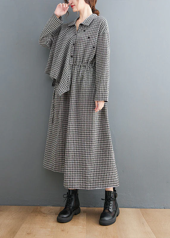 Fitted Black PlaidPeter Pan CollarButtonasymmetrical design Fall Holiday Dress Long sleeve - Image 2