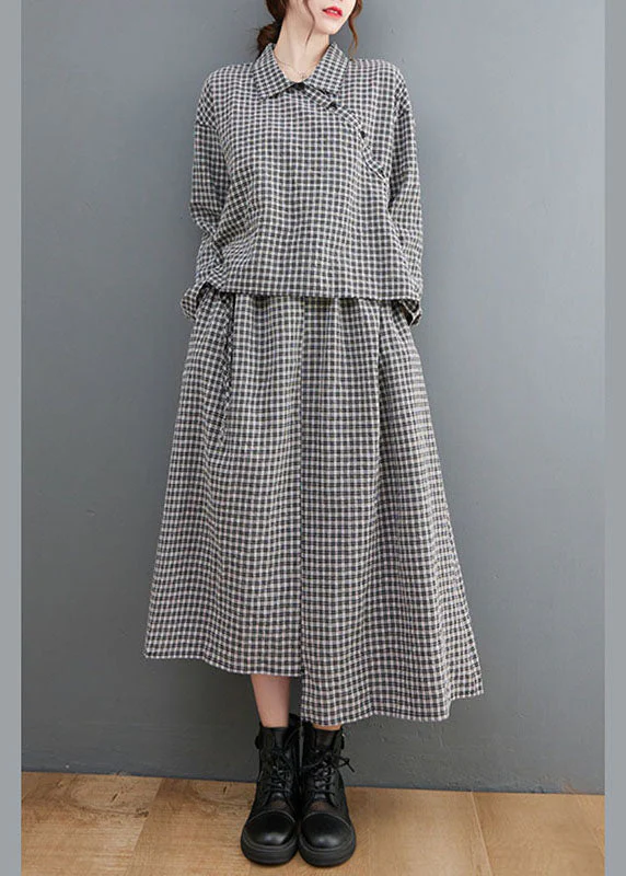 Fitted Black PlaidPeter Pan CollarButtonasymmetrical design Fall Holiday Dress Long sleeve - Image 3