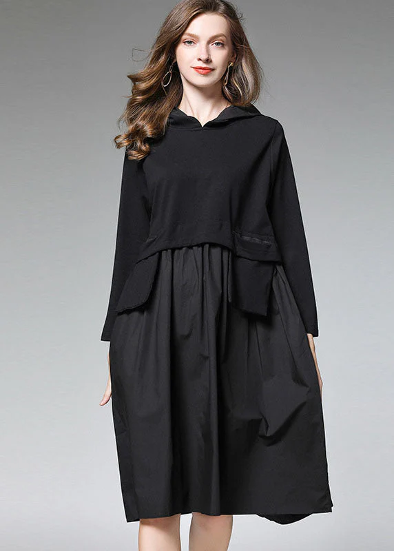 Fitted Black Pockets Long Sleeve Fall Dress - Image 5