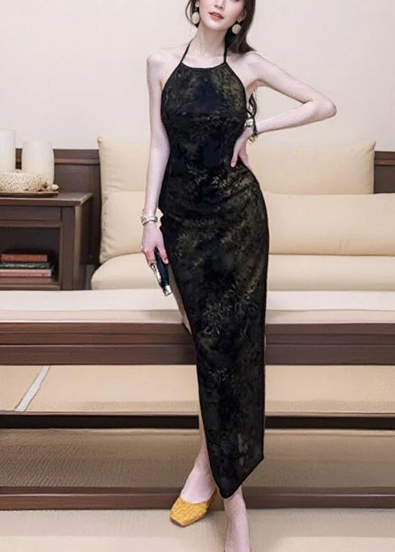 Fitted Black Print Side Open Long Spaghetti Strap Dress Sleeveless - Image 2