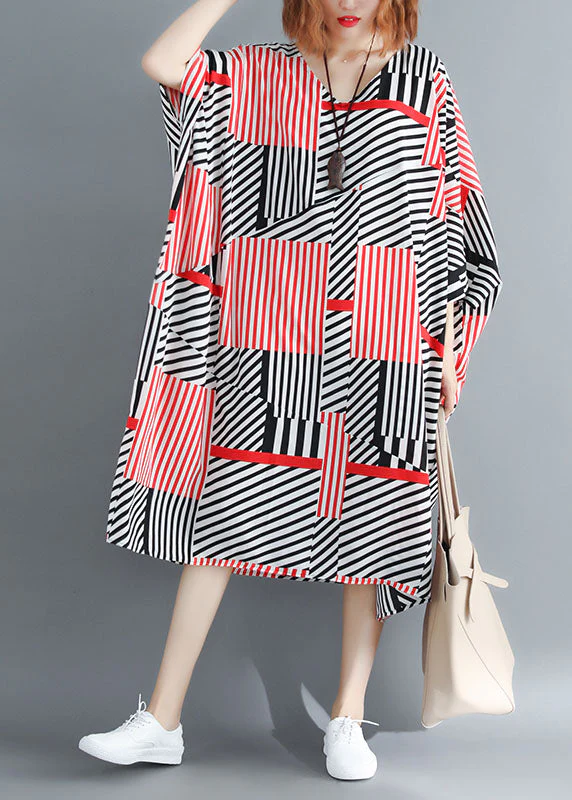 Fitted Black Red Striped Oversized Chiffon Maxi Dresses Batwing Sleeve