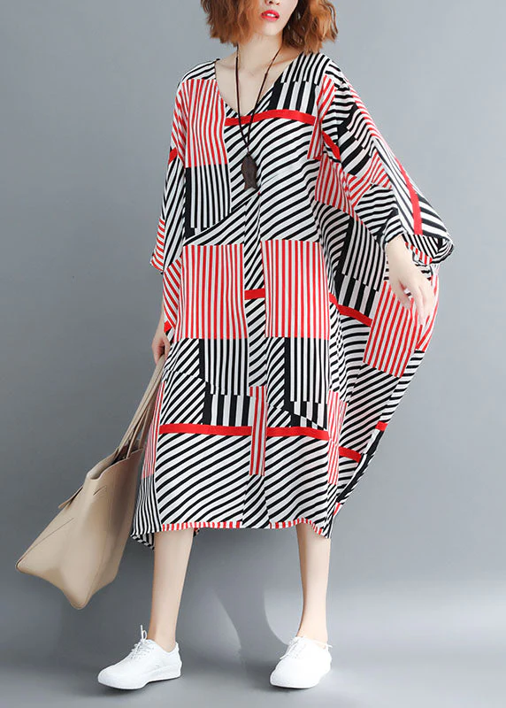 Fitted Black Red Striped Oversized Chiffon Maxi Dresses Batwing Sleeve - Image 3