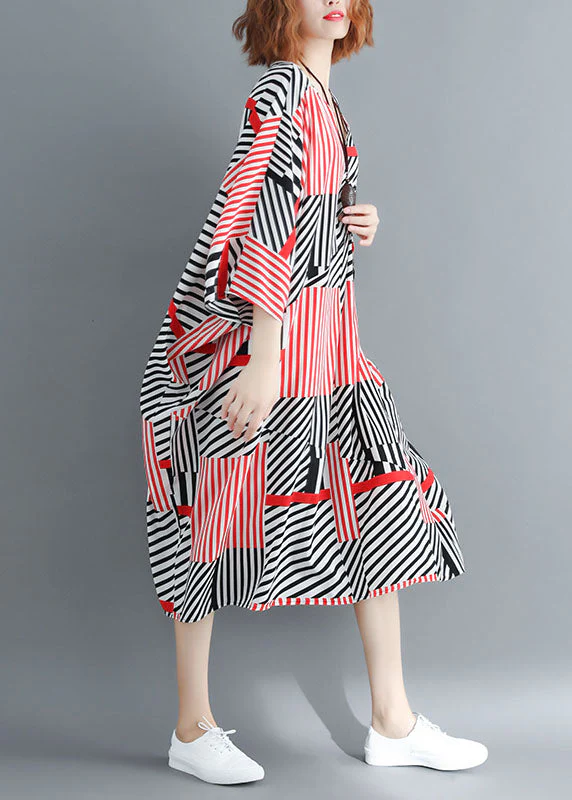 Fitted Black Red Striped Oversized Chiffon Maxi Dresses Batwing Sleeve - Image 4