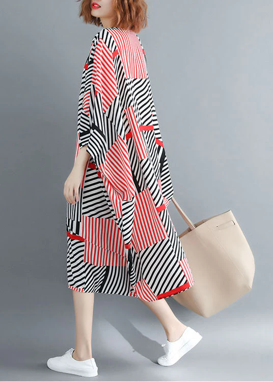 Fitted Black Red Striped Oversized Chiffon Maxi Dresses Batwing Sleeve - Image 5