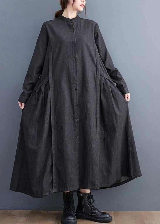 Fitted Black Stand Collar Exra Large Hem Denim A Line Dress Fall - Image 2