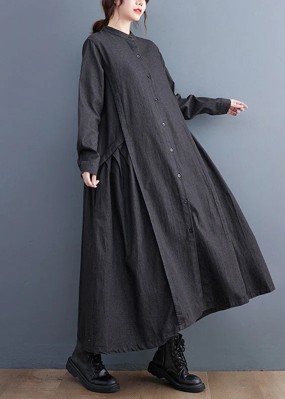 Fitted Black Stand Collar Exra Large Hem Denim A Line Dress Fall - Image 3