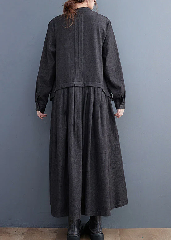 Fitted Black Stand Collar Exra Large Hem Denim A Line Dress Fall - Image 4