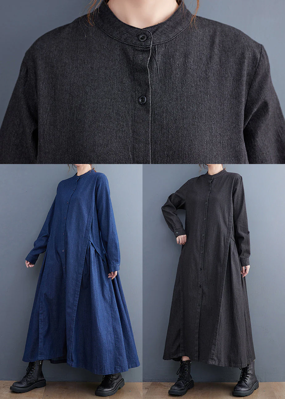 Fitted Black Stand Collar Exra Large Hem Denim A Line Dress Fall - Image 5
