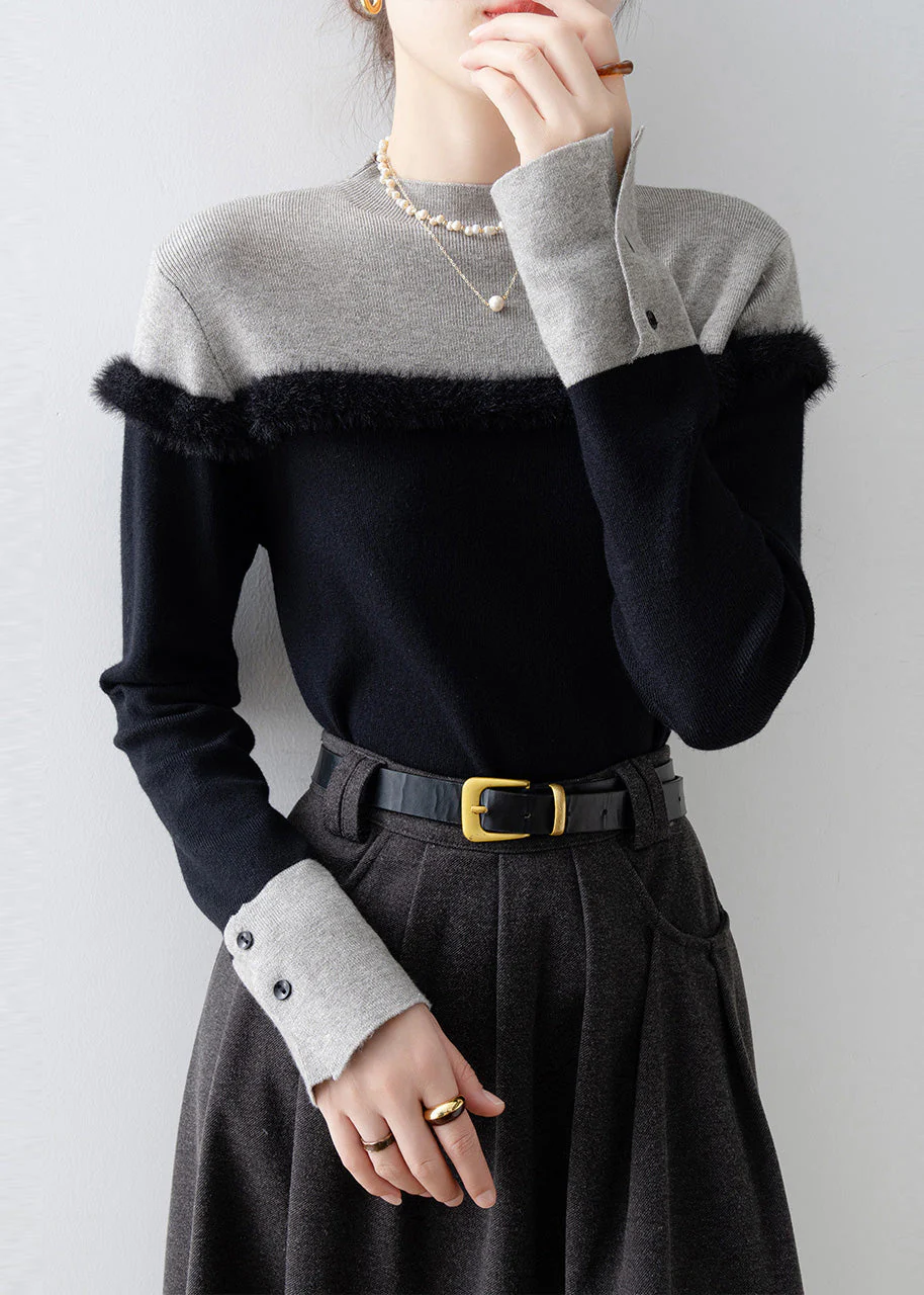 Fitted Black Stand Collar Patchwork Faux Fur Sweater Winter