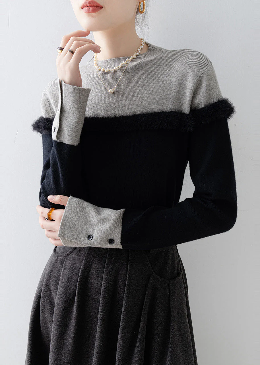 Fitted Black Stand Collar Patchwork Faux Fur Sweater Winter - Image 2