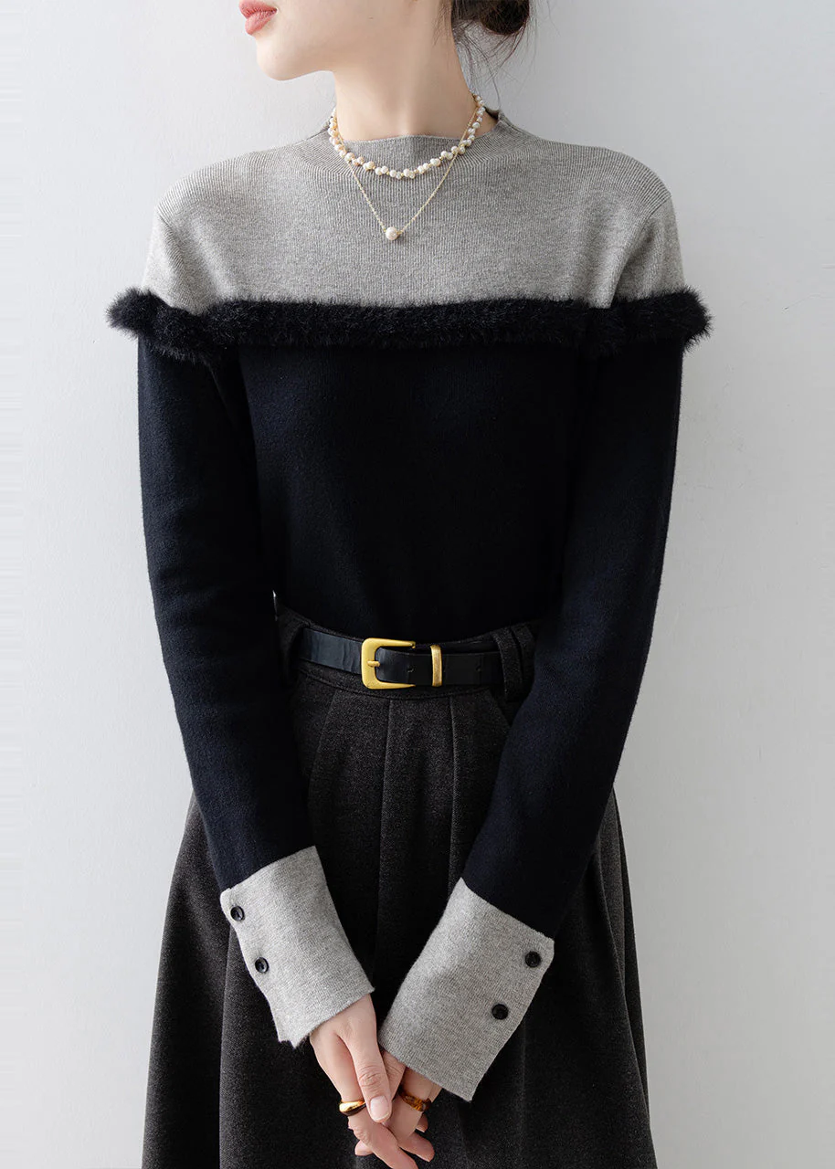 Fitted Black Stand Collar Patchwork Faux Fur Sweater Winter - Image 3
